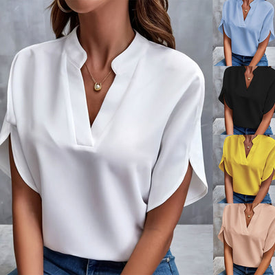 Camisa lisa com decote em V, manga curta