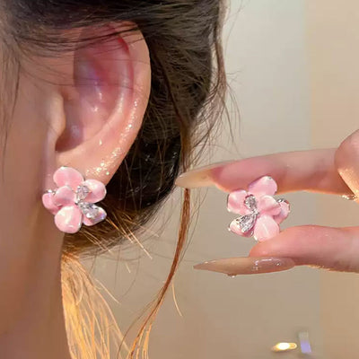 Korean-Style Sweet And Cool Oil-Drip Flower Earrings For Women, Fashionable Versatile Zircon Earrings, Niche High-End Elegant Ear Accessories
