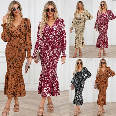 Slim-fit Temperament V-neck Belt Printed Dress Long Fish Tail Dress Popular