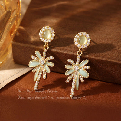 French Retro Zircon Water Drop Tassel Flower Earrings, Light Luxury And Stylish Fireworks Earrings For Women, High-End Earrings