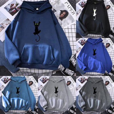 Women's Black Cat Cartoon Printed Hoodie