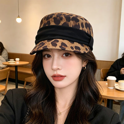 Leopard Cap with Pleated Bow, Retro Style