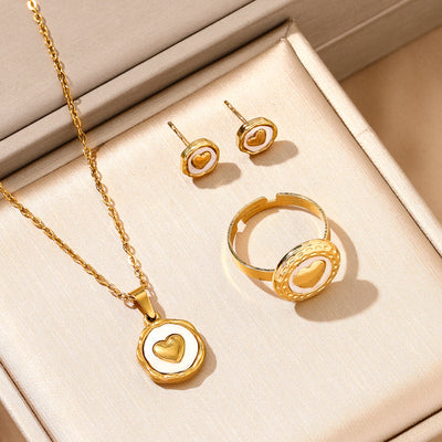 18K Gold Plated Stainless Steel Heart Jewelry Set For Women, White Enamel Round Coin Pendant Necklace Stud Earrings Open Adjustable Ring, Dainty Love Theme Jewelry Gift