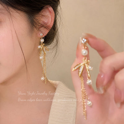 Korean-Style New Chinese-Style Water Drop Bamboo Leaf Tassel Earrings, Long Style, New Zircon Earrings, Elegant And Versatile Earrings