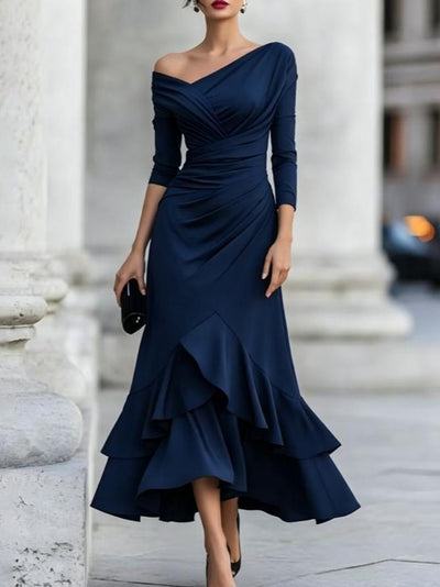 European And American Style 2026 Autumn New Foreign Trade V-neck Off-shoulder Ruffled Long-sleeve Elegant Slim-fit Dress For Women