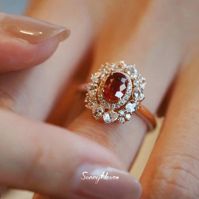 Vintage High-end Refined Color Treasure Ruby Hollow Diamond Ring Women's Super Beautiful French Simple Open Finger Ring