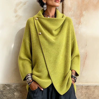Fashionable Asymmetric Knitted Ribbed Top With Buttons