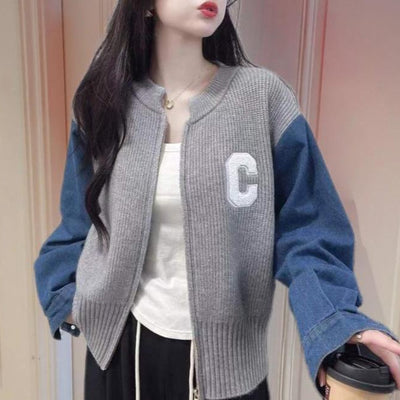 Stylish Niche And Trendy Knit Jacket With Denim Sleeves And Contrasting Zippers