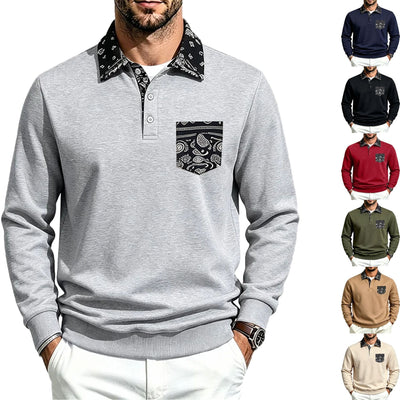 Camisola com capuz de homem casual e moderna, com blocos de cor, botões, lapela e bolsos